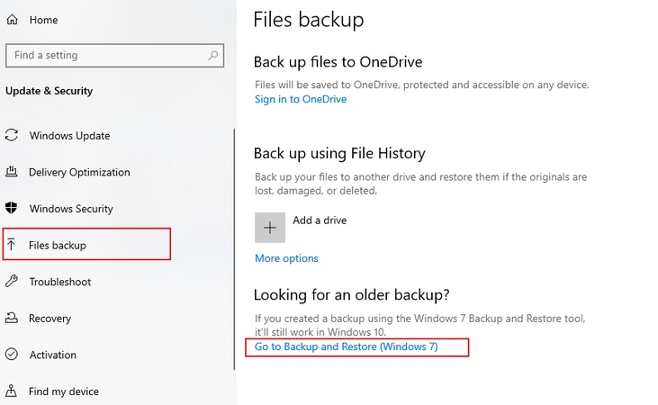 click the go to backup and restore