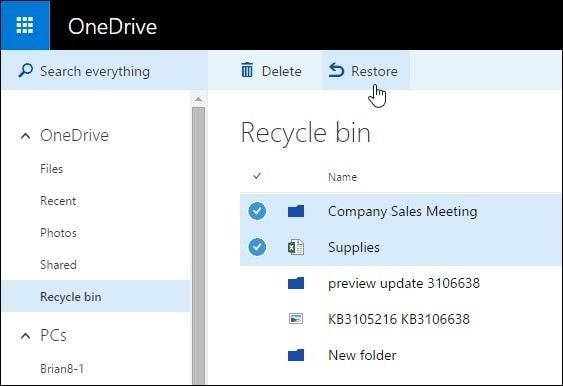 restore files from recycle bin on onedrive