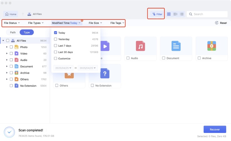 filter the files you need to recover