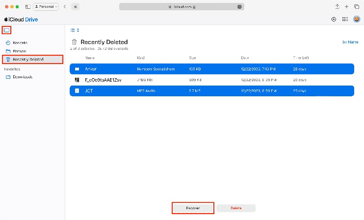 use icloud to recover recent deleted files