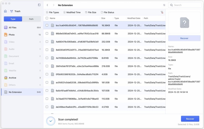 use the filter option to choose recoverable files