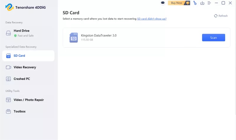 click sd card tab to scan