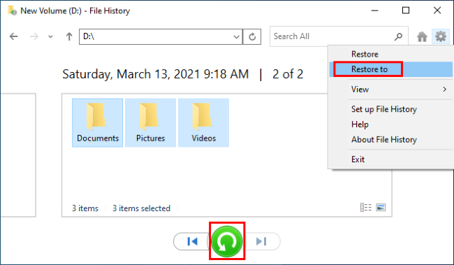 restore data using windows file history