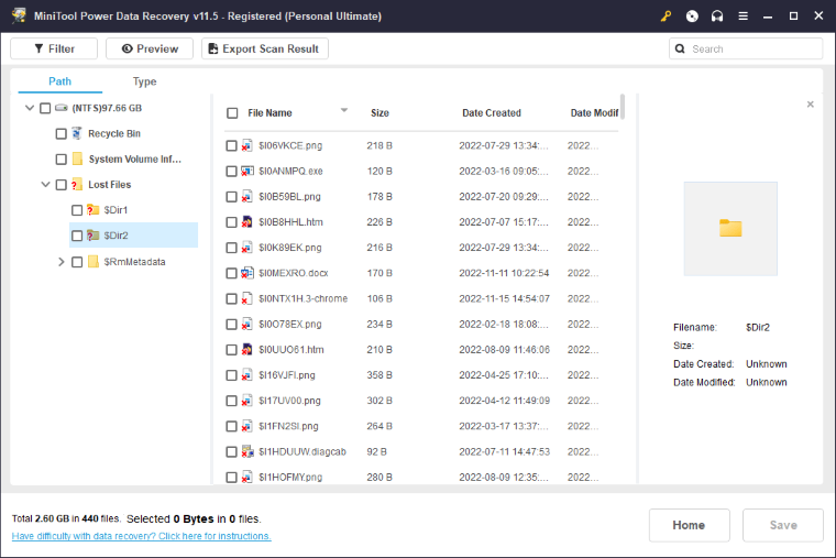 click to save the restored files minitool power data recovery