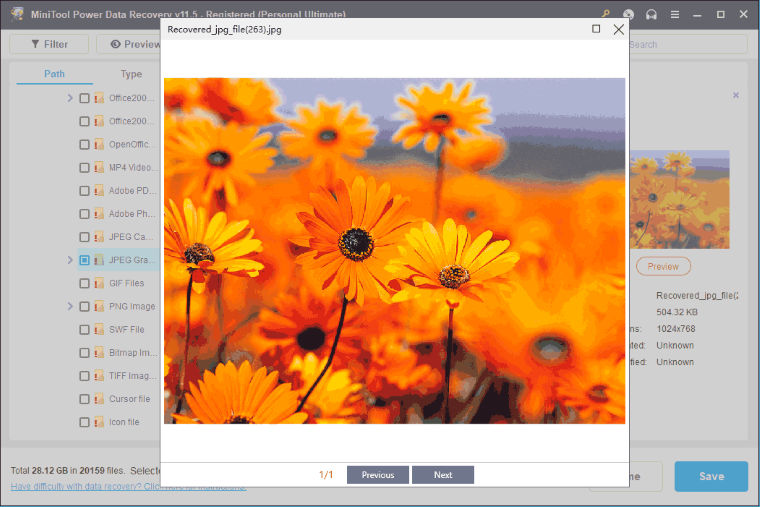 click to save the recovered files minitool power data recovery