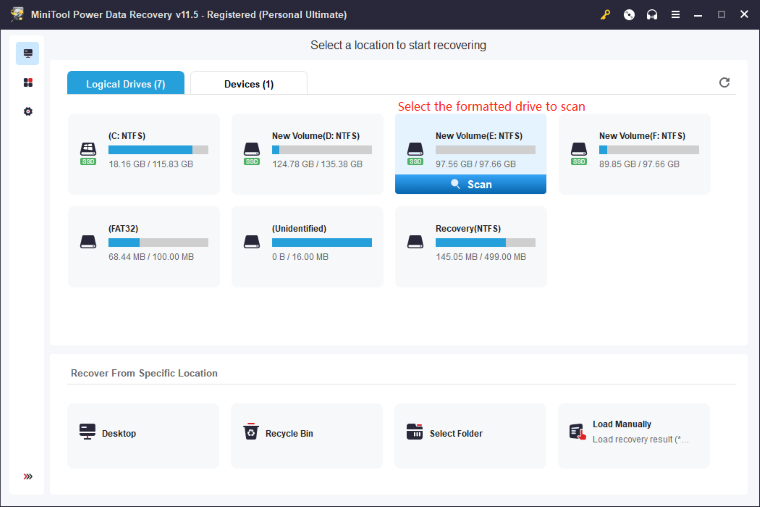 scan the formatted drive minitool power data recovery